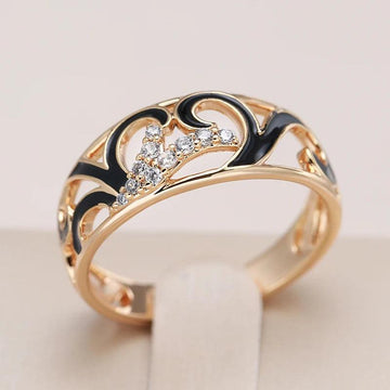 Unusual Black Enamel 14K Rolled Rose Gold AAA Zircon Diamonds Creative Ethnic Ring for Women Wedding Jewellery